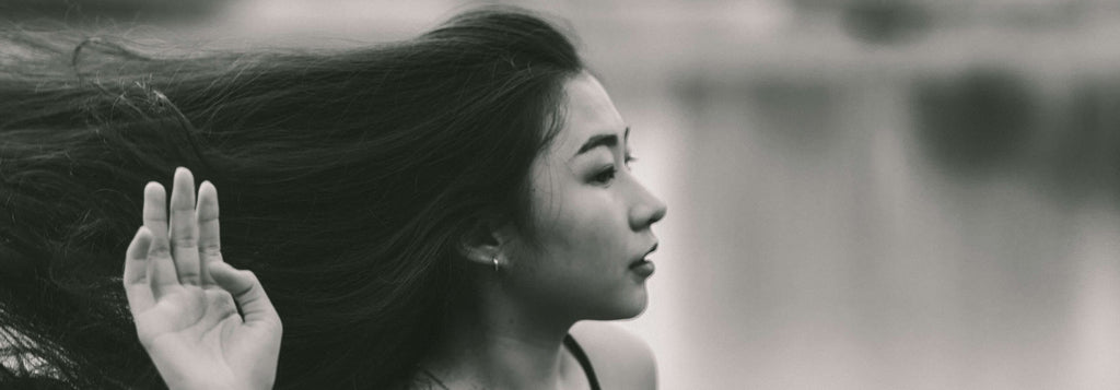 black and white image of woman with brunette hair