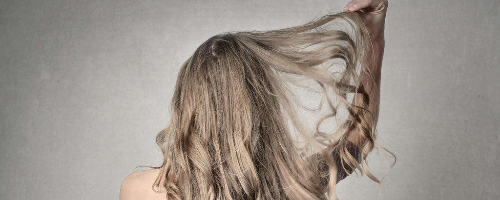 woman holding up curly hair