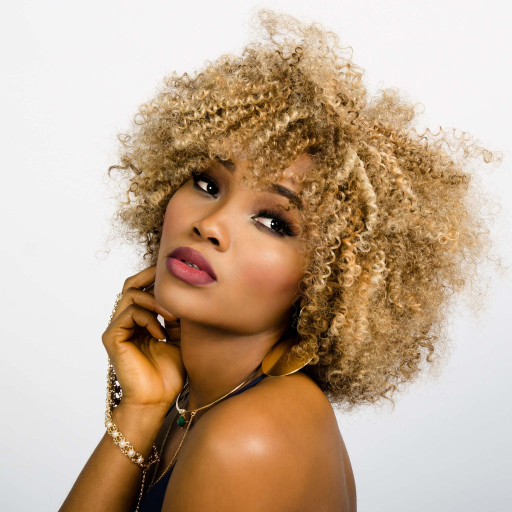 blonde curly hair woman