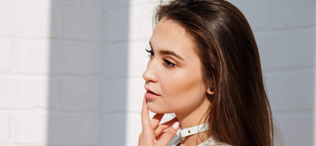 brunette woman white background